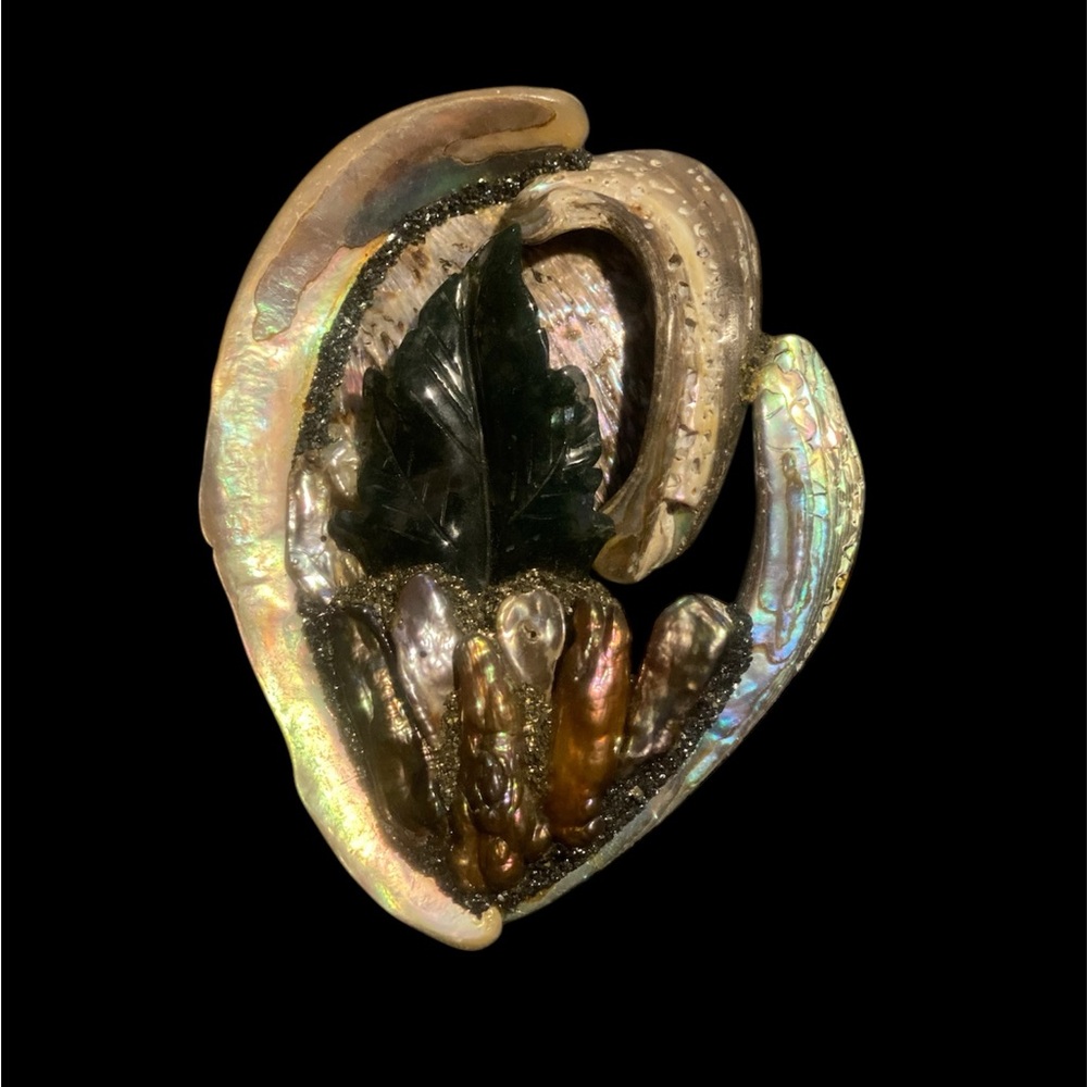 vintage Art Deco Large abalone shell brooch. With Black Leaf Accent.